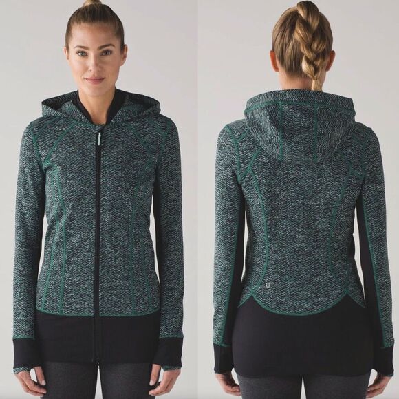 Lululemon Daily Practice Jacket Green Herringbone Full Zip Hooded Sz 2 - Picture 1 of 11
